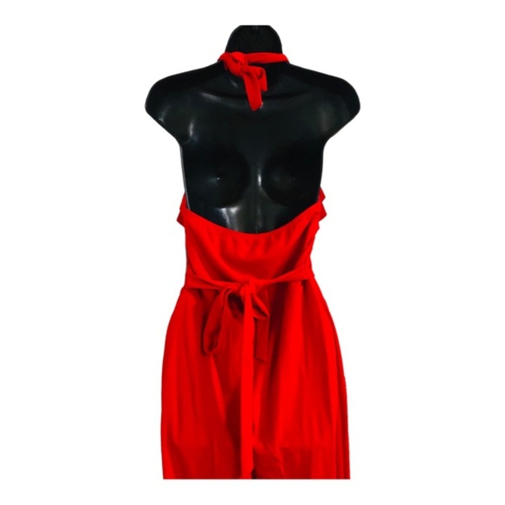 Bebe red Ruffle front belted sleeveless open back‎ Halter Jumpsuit size 2 new - Picture 8 of 15